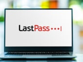 Laptop computer displaying logo of LastPass.