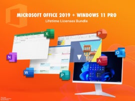 Promotional graphic for Microsoft Office 2019 and Windows 11.