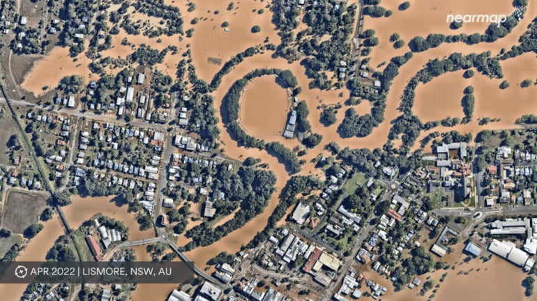 A Nearmap image of flooded Lismore during the 2022 flood catastrophe.