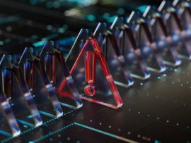 3D rendered image of a sequence of warning icons on a cyber environment.