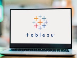 Laptop computer displaying logo of Tableau.