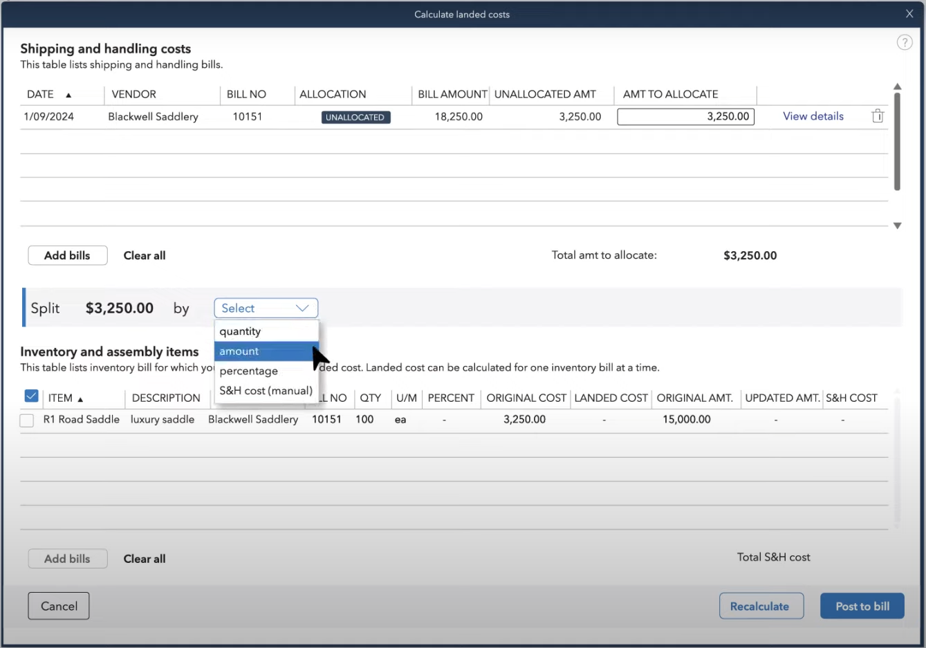 Screenshot of calculate landed cost with QuickBooks’s wholesale edition.