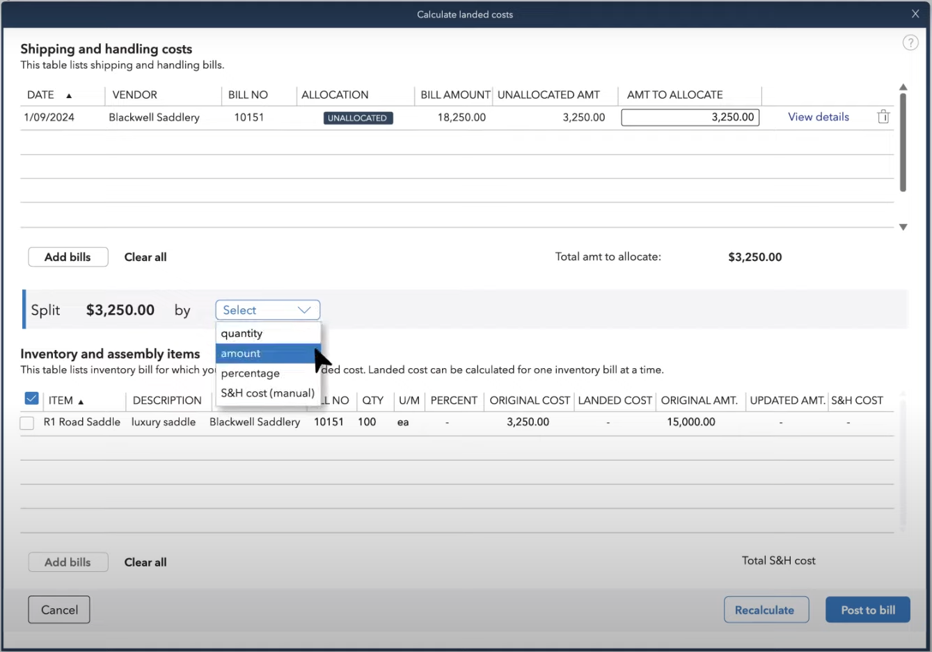 使用 QuickBooks 批发版计算到岸成本的屏幕截图。