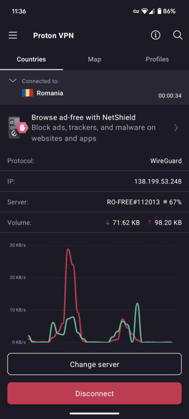 ProtonVPN’s main dashboard on Android.