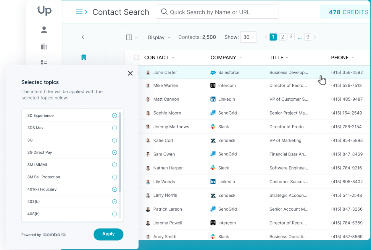 UpLead dashboard screenshot showing topic filters.