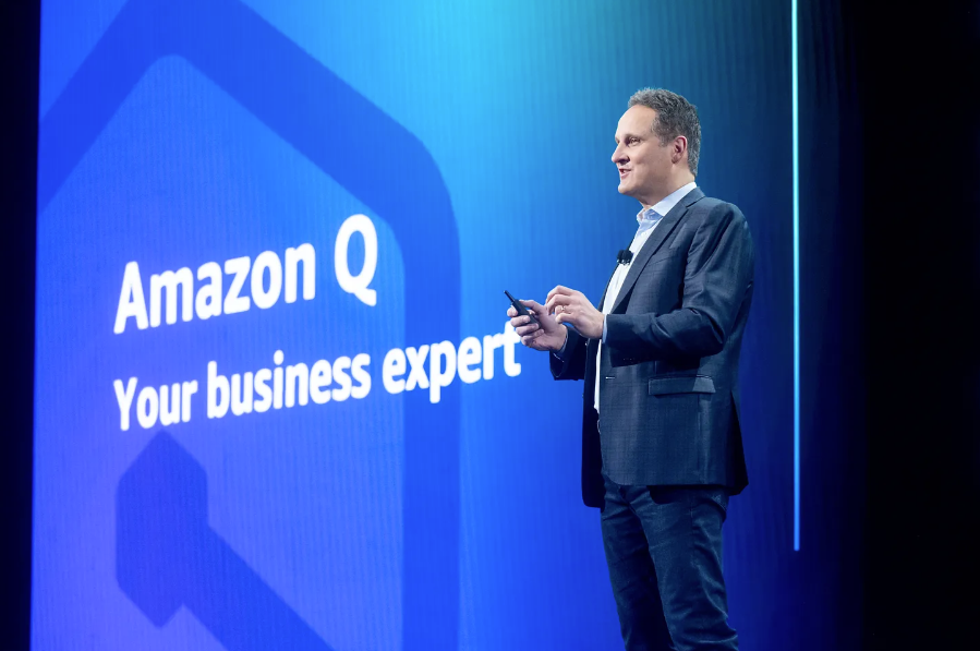 Picture of Generative AI virtual assistant Amazon Q unveiled by AWS CEO Adam Selipsky in 2023.