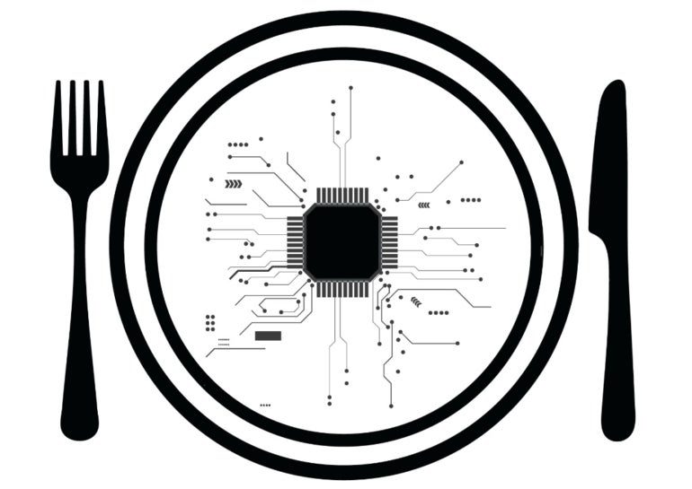 A logo of a stylized circuit board on a plate. On either side are a fork and knife.