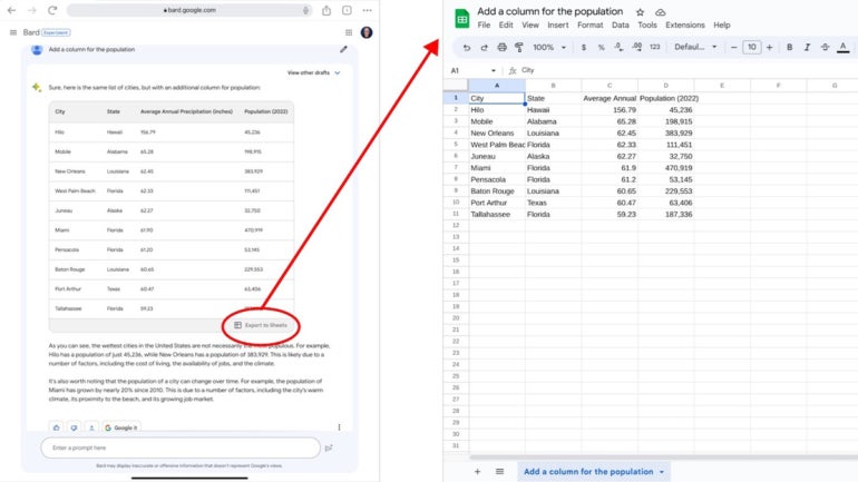 Custom graphic showing that when Bard provides a response in a table, select Export To Sheets to create a new Google Sheet with the table contents.