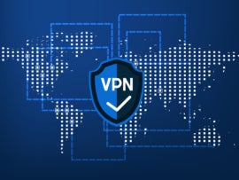 Virtual blue shield with VPN inscription and checkmark over a digital world map.