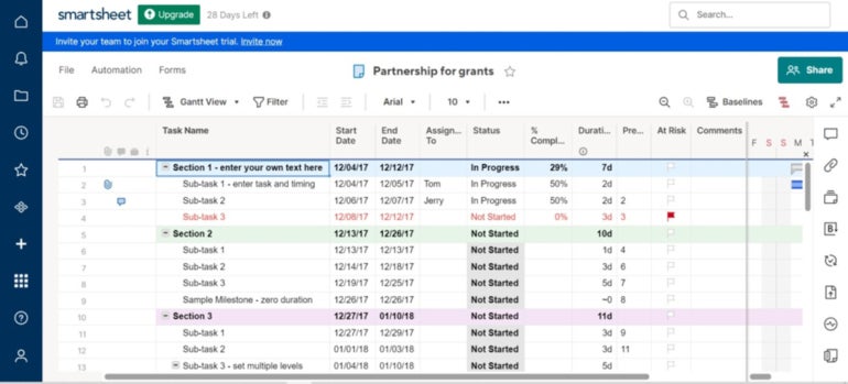 Smartsheet interface.