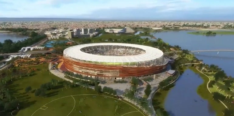 Aerial view of the Optus Stadium development.