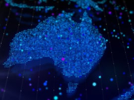 3D rendering digital map of Australia in the form of a bright glowing particle composition.