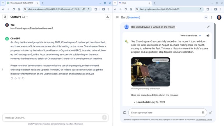The free ChatGPT with GPT-3.5 does not have access to current events (left), while Google Bard does (right).