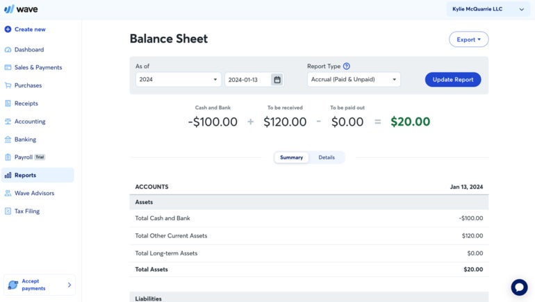 Using accounting software like Wave, business owners can draw up customizable financial reports like balance sheets with the click of a button.