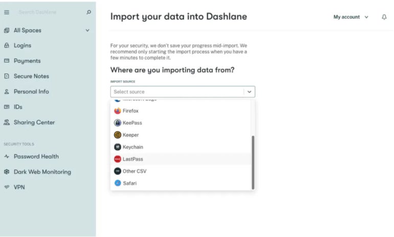 Dashlane import password feature.