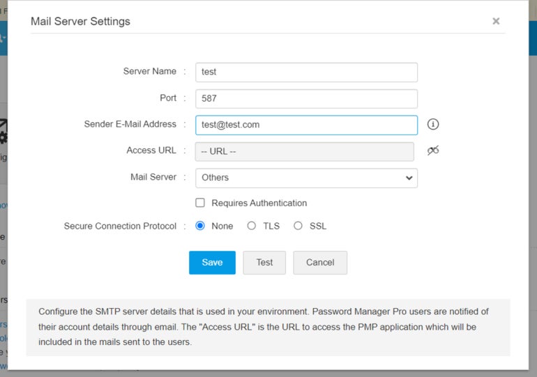 ManageEngine mail server configuration.