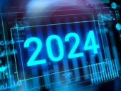 New 2024 year digits with reflection and virtual charts and graphs in the background.