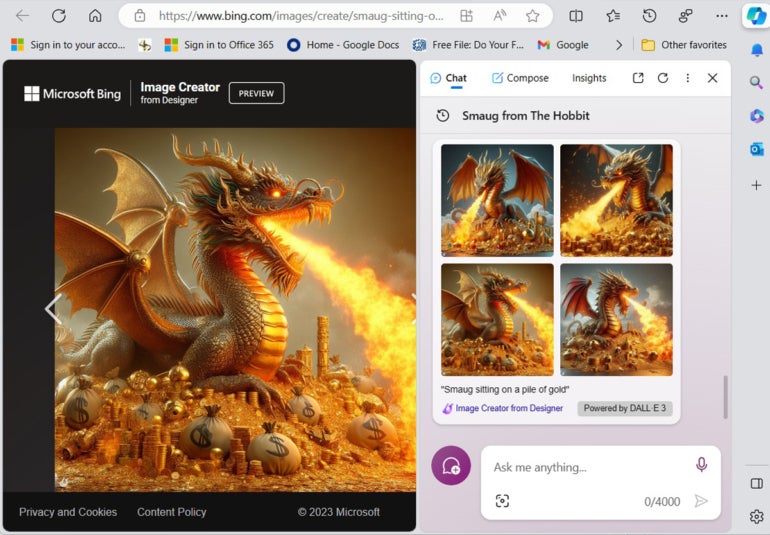 An image of Smaug sitting on a pile of gold generated by the Copilot in Bing AI.