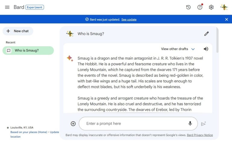 Google Bard answers the question Who is Smaug?