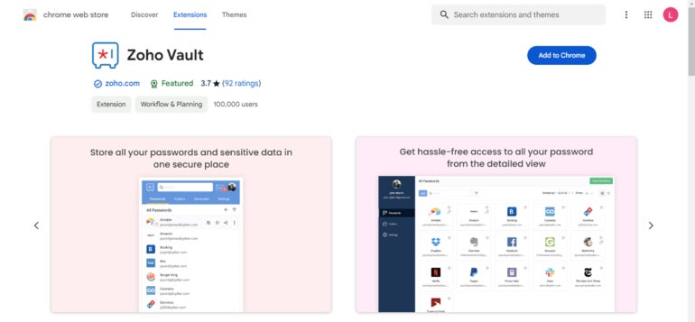 Zoho Vault on the Chrome Web Store.