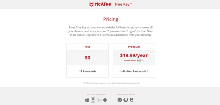 McAfee True Key pricing.