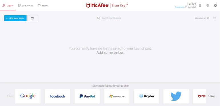 Portal principal de McAfee True Key.