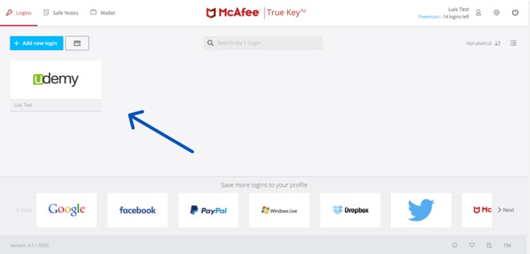 Inicio de sesión recién guardado en True Key Vault.