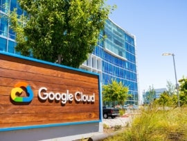 Close up of Google Cloud sign displayed in front of their headquarters in Silicon Valley, South San Francisco bay area.