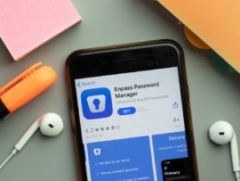 Enpass Password Manager app store logo on phone screen.