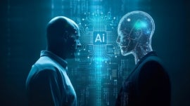 A human facing a cyborg robot with a graphic illustration of AI between them.