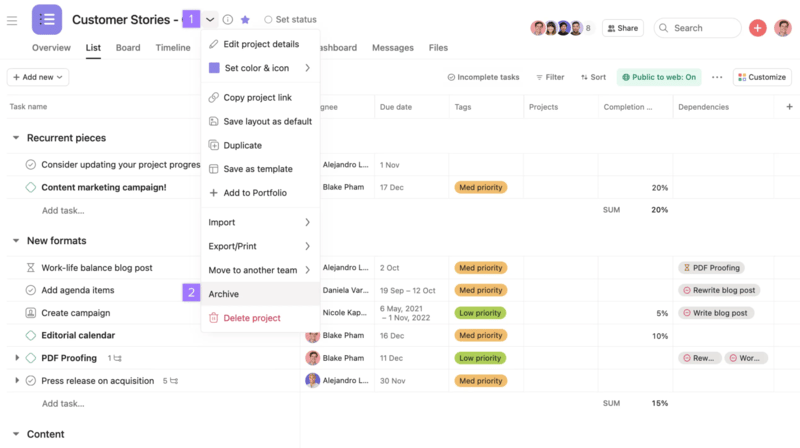 Asana project list view showing tasks, assignees, due dates, priorities, and completion percentages.