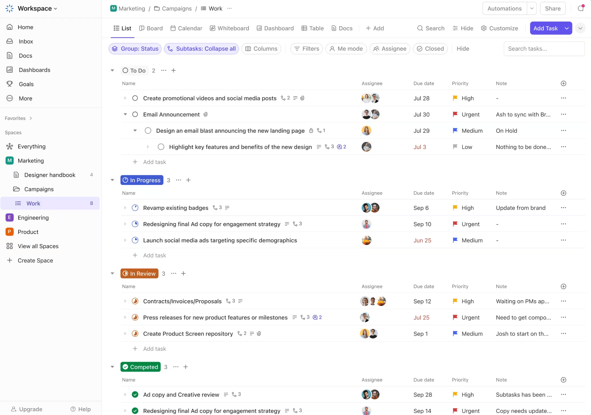 ClickUp list view grouped by status with tasks, assignees, due dates, and priority labels.