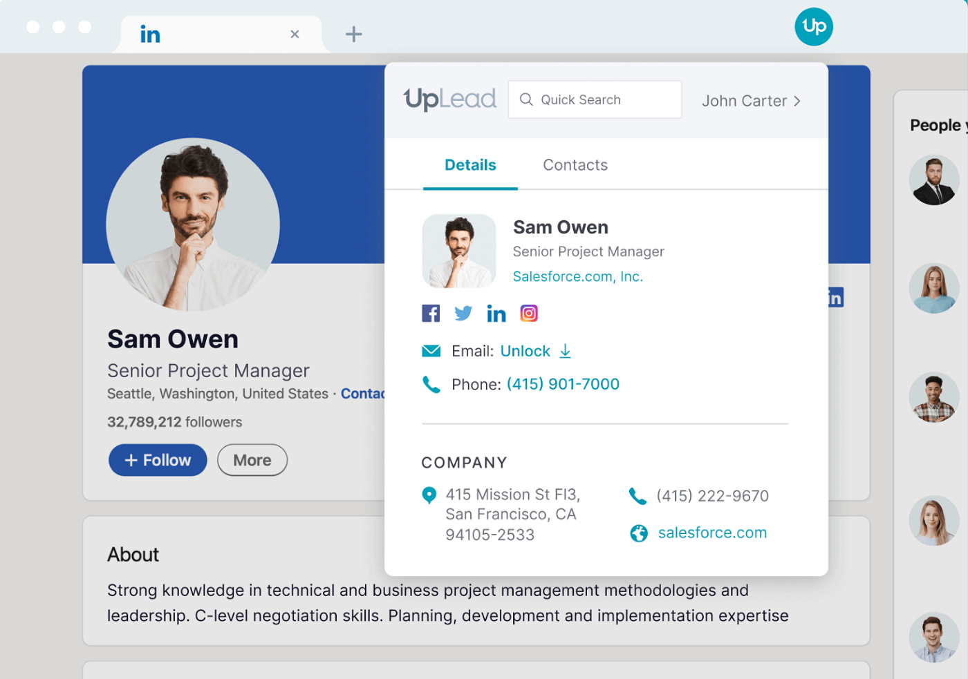 Screenshot of illustration   LinkedIn pb  utilizing UpLead Chrome extension.