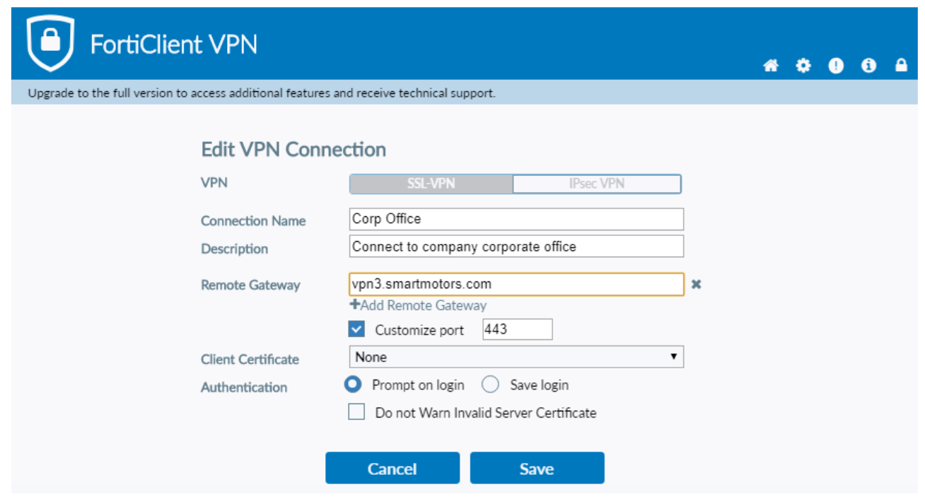 Configuring a VPN connection in Fortinet.
