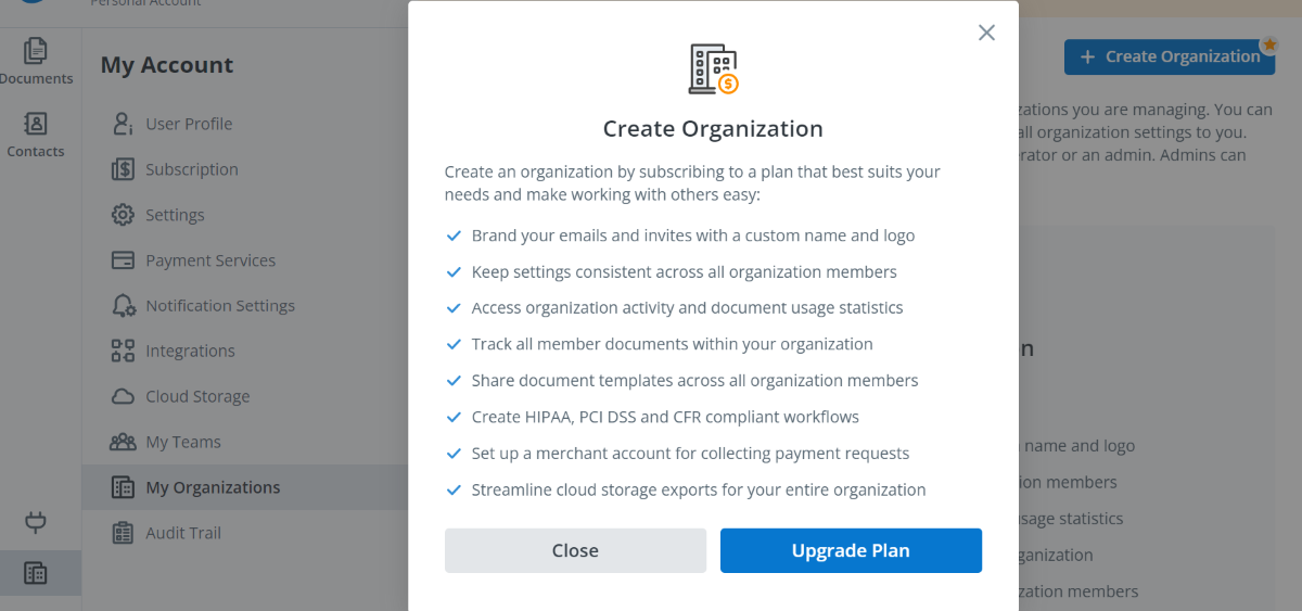 Creating an organization in signNow to access branding features.