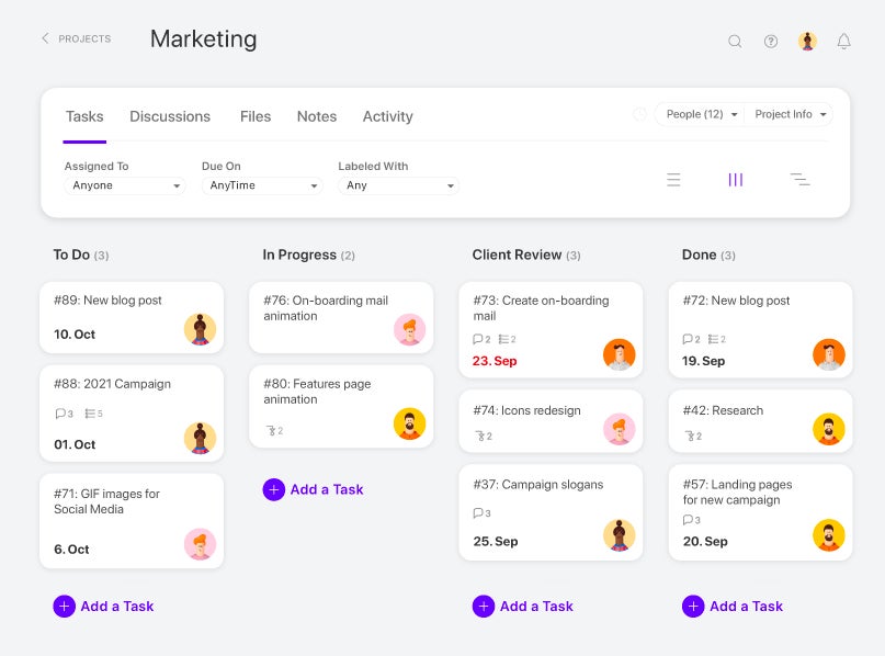 A customizable task view of a marketing project in ActiveCollab.