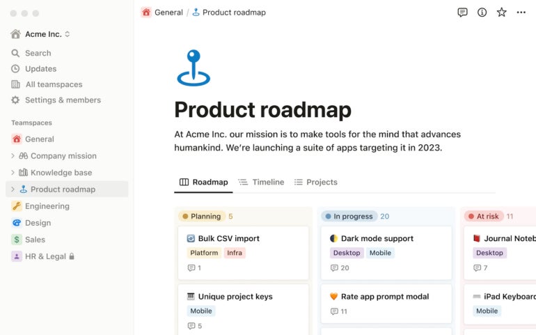 Notion dashboard, product roadmap template.