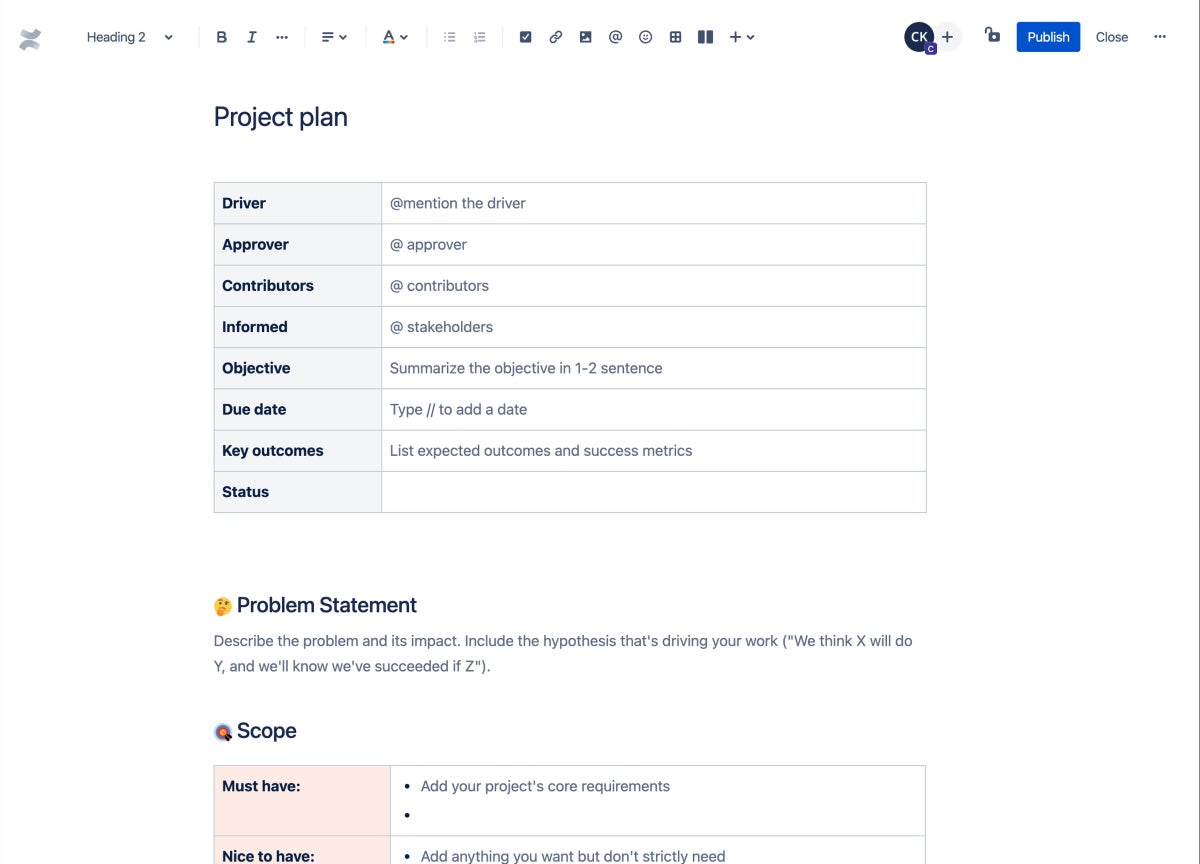 A project management template in Confluence.
