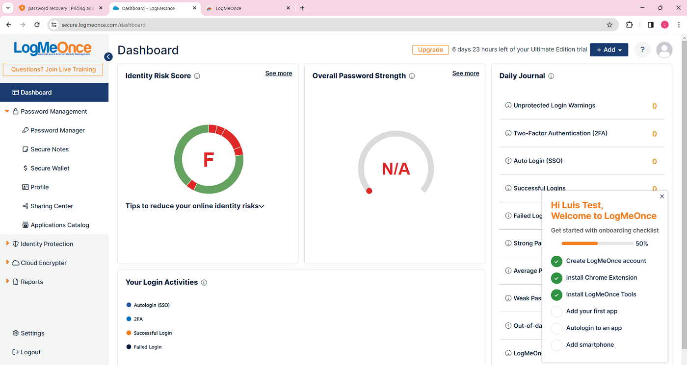 LogMeOnce main dashboard.