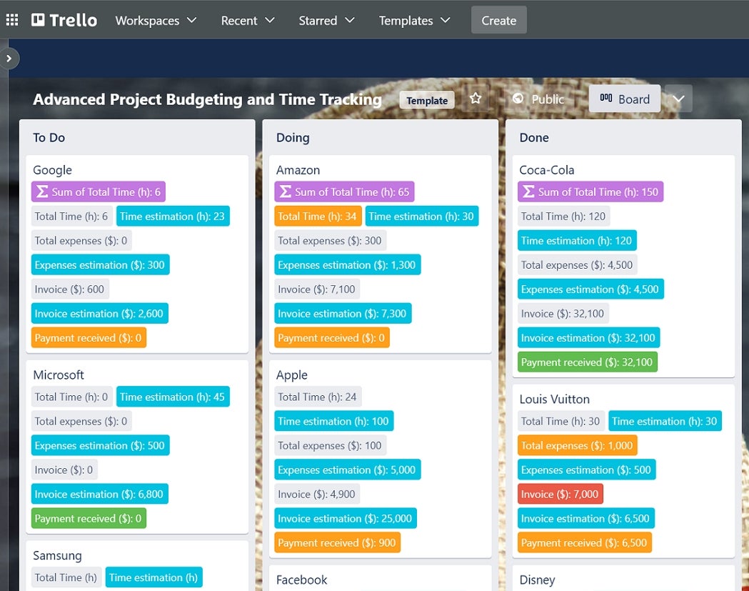 A budgeting and time tracking template in Trello.