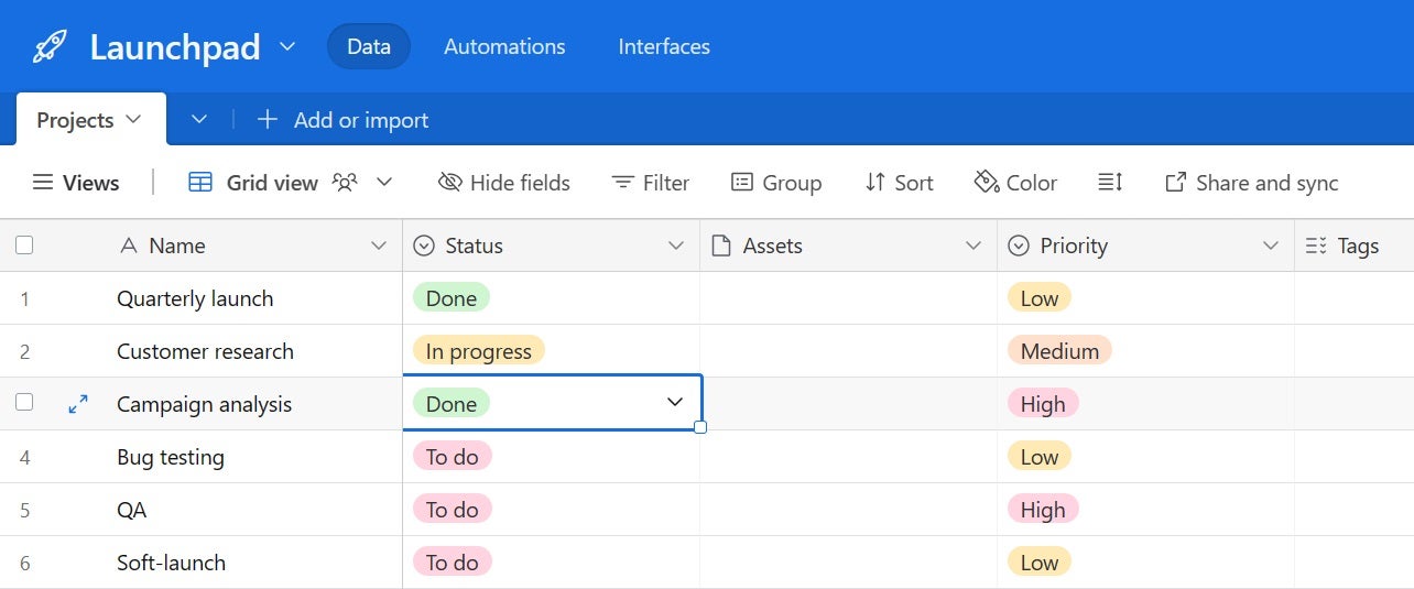 Grid view in Airtable.