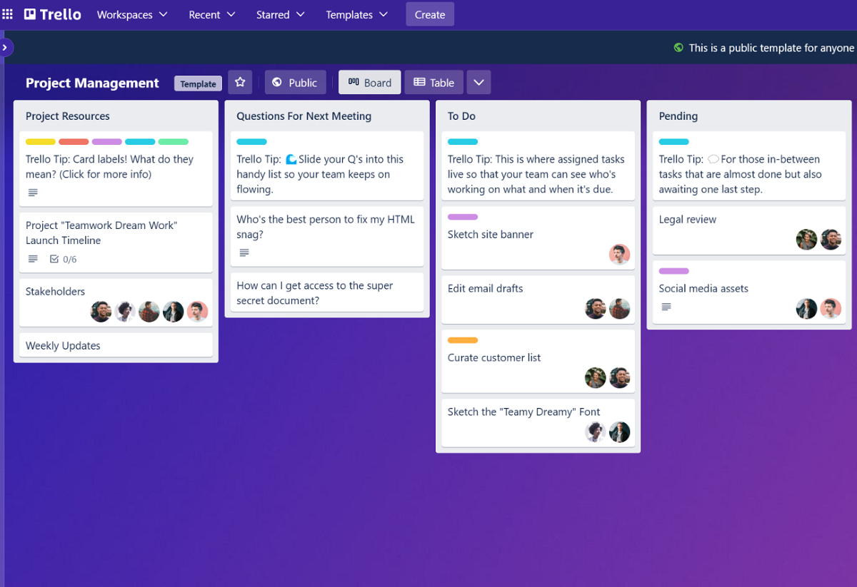 A board view in Trello.