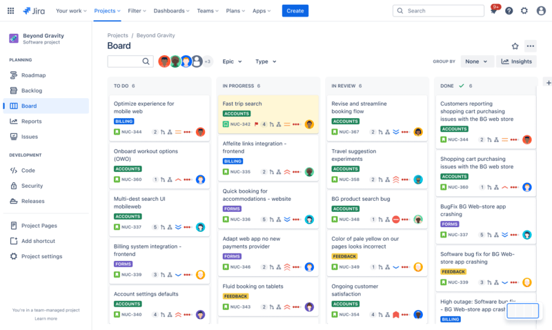 Jira kanban board displaying tasks organized into To Do, In Progress, In Review, and Done columns.