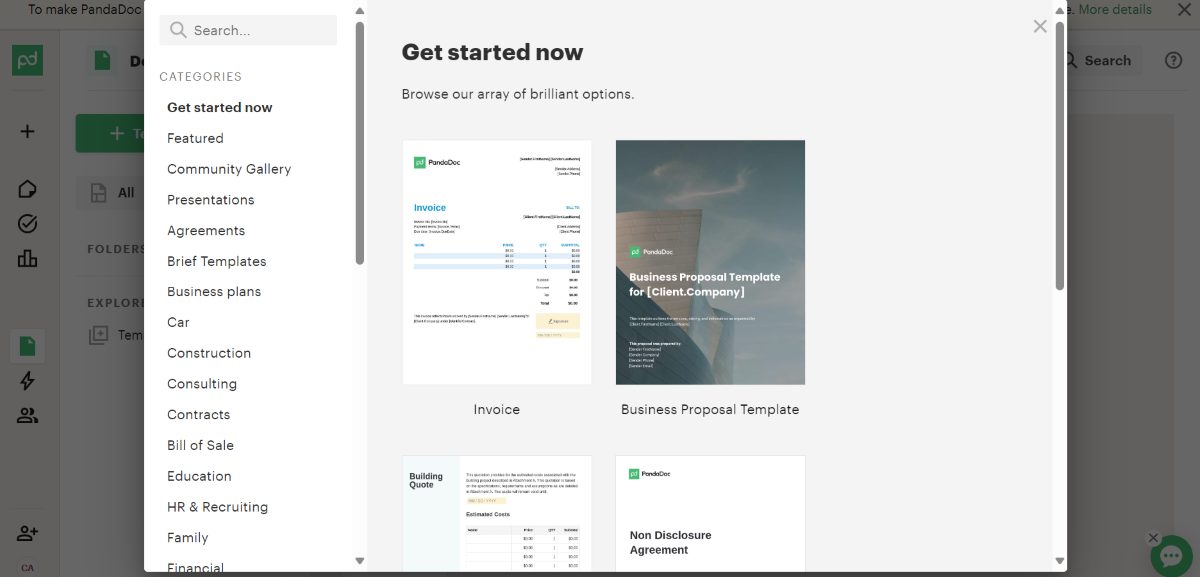 Categories of document templates available in PandaDoc.