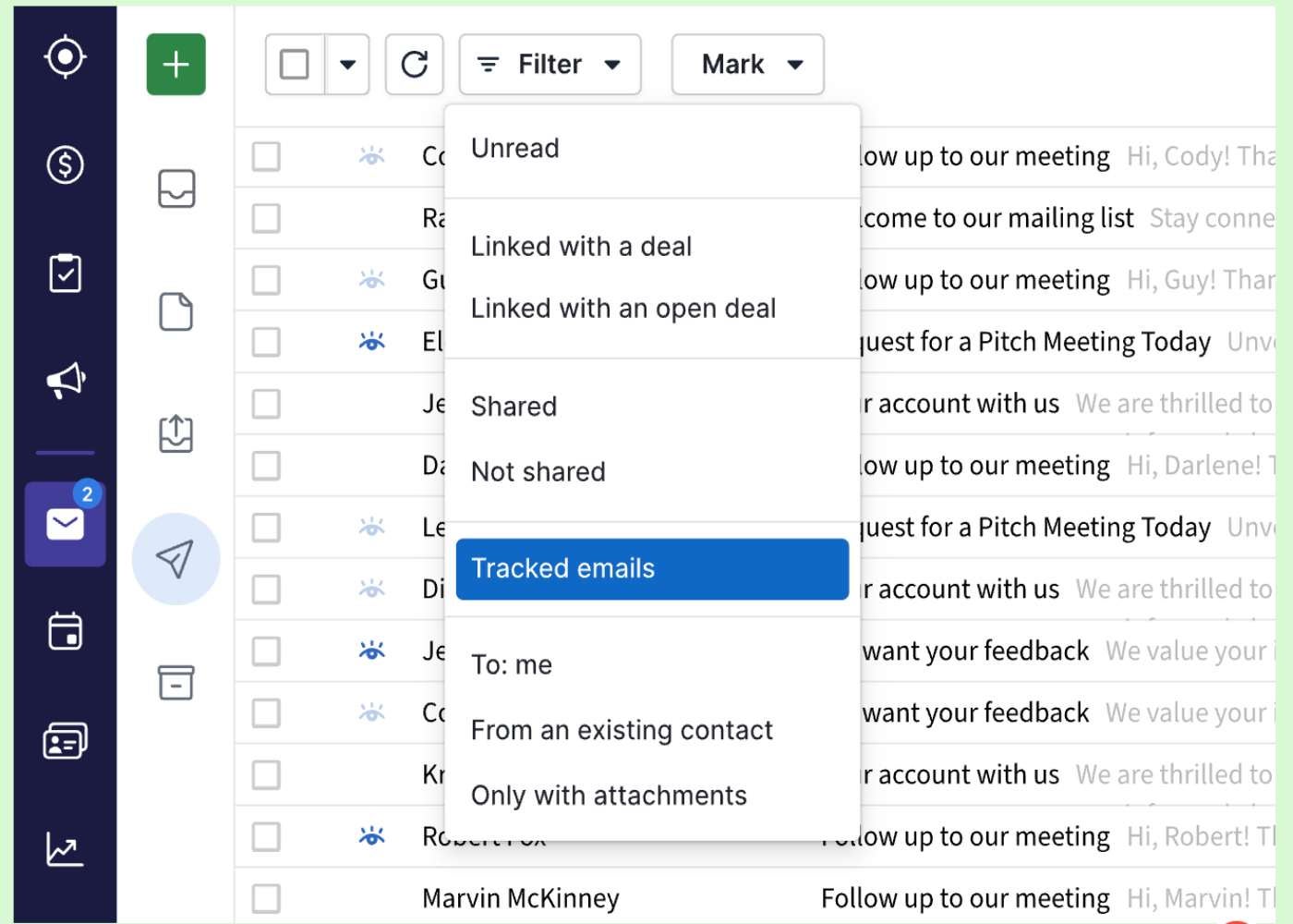 Pipedrive email inbox with email tracking tool.