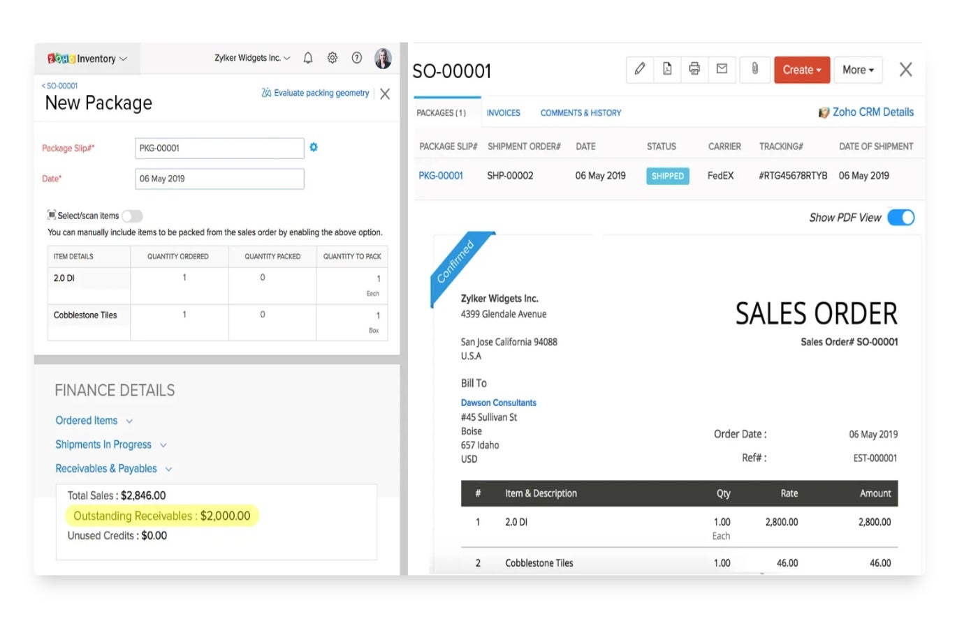 Zoho CRM sample sales order.