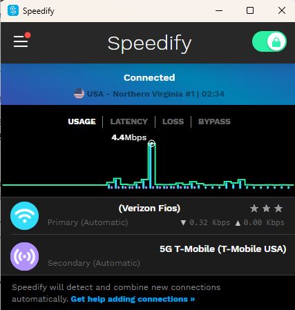Una captura de pantalla de la interfaz principal de Speedify VPN.