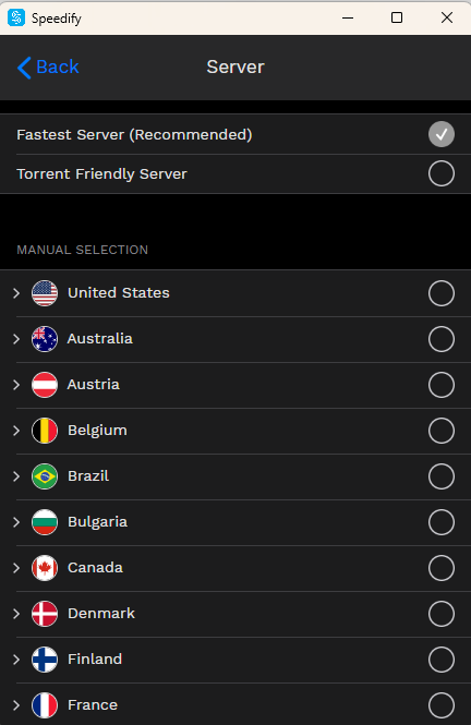 Una captura de pantalla de la pantalla de selección del servidor Speedify VPN.