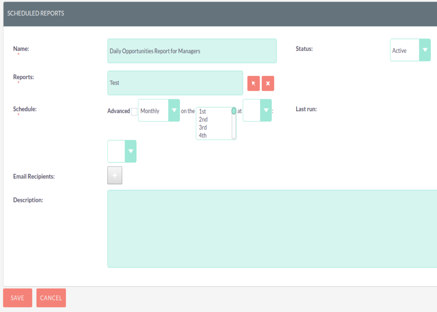 Screenshot of the SuiteCRM report scheduling feature.