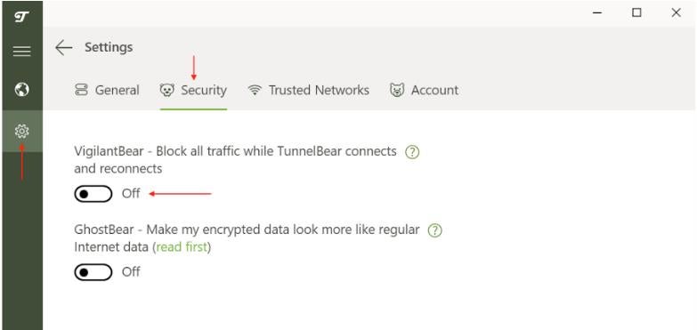 Screenshot of TunnelBear VPN VigilantBear.